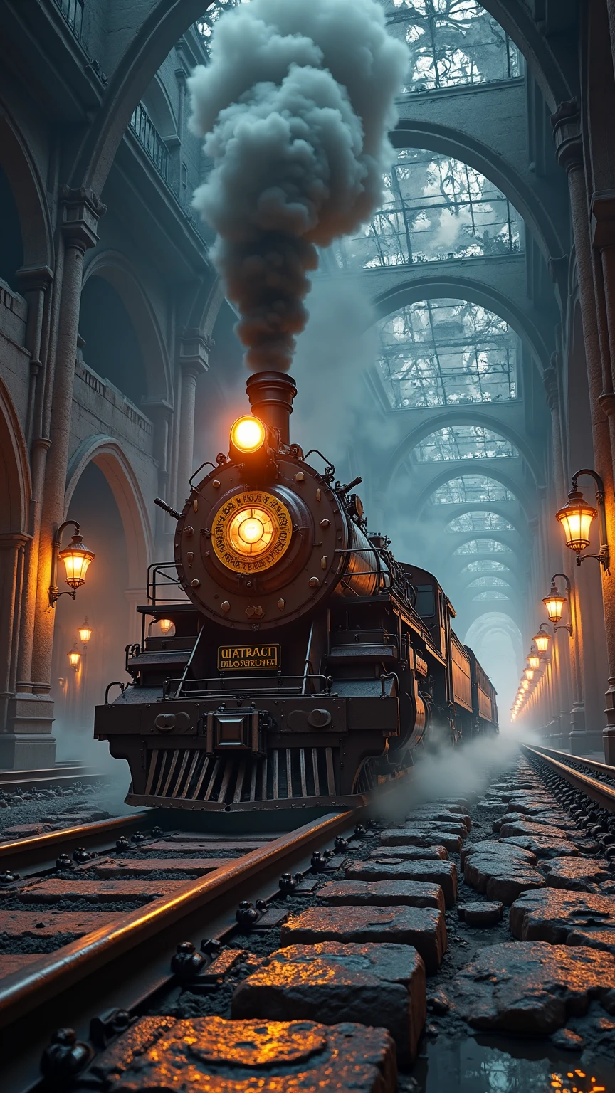 an imposing steam locomotive barreling through a grand gothic ruin station with vaulted iron arches and shattered stained-glass windows, dark smoke plumes curling against a dusky sky lit by ember glow from molten slag, riveted steel boiler and mechanical pistons glinting with oil sheen, coal hoppers trailing behind, rails flanked by broken columns and drifting sparks, cascading chains and gear assemblies swinging from overhead gantries, molten slag rivulets trickling down stone platforms, glowing coals in the firebox visible through mesh grates, scattered coal dust in the air, embossed brass nameplates and filigreed crest emblems, steam haze backlit by flickering lantern clusters along catwalks, colossal clockwork cogs rotating above the engine, moonlight piercing through collapsed roof panels, reflective puddles of oil on damp stone reflecting engine light, distant crumbling cityscape silhouette beyond station arches, digital art medium rendered as hyper-realistic cinematic steampunk concept art with physically based ray tracing, global illumination and volumetric lighting, composition framed in an ultra-wide 16:9 panoramic low-angle perspective emphasizing the locomotive's soaring scale and dynamic motion with blurred foreground rails, lighting featuring warm ember rim light and cool moonlight filtering through cracks, color palette of charcoal blacks metallic grays burnt sienna ember reds and cobalt blue highlights, mood of epic industrial majesty and nostalgic energy, ultra-high-definition 8K clarity with intricate textural detail of cracked paint rivet seams and glowing furnace core, realistic motion blur and particle effects of steam ash and embers swirling, slight lens flare bloom and chromatic aberration for cinematic authenticity, simulated as a RAW full-frame sensor capture with precise photometric calibration
