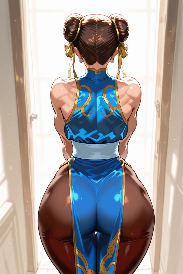 chunlims, ((black hair, hair bun, double bun, glowing brown eyes, eyeshadow,, makeup, narrow waist, skinny, medium breasts, big round buttocks)), pelvic curtain, full body, perfect body, (insanely detailed, beautiful detailed face, masterpiece, best quality) , (((solo))), (((1girl))), (((mature))), (extremely detailed 8k paper CG wall unit: 1.1), (bed, bedroom, dusk), (smile face for the viewer), back view, nude, hip focus, sexy, wide hips, thicc figure, completely naked, ass, ass focus. Looking at viewer, looking back, Detailed face, Detailed eyes, perfect face, perfect eyes, wearing fancy red Chinese dress, Chinese hanfu dress, exposed thighs