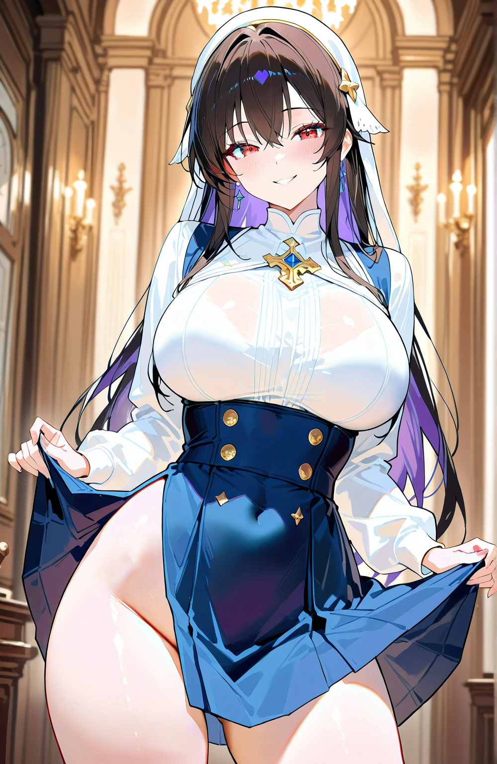(Masterpiece, 8k, Best Quality, Highly detailed, depth of field:1.4), 1girl, kurumi tokisaki, \(date a live\),, black hair, two high ponytails, headdress, colored eyes, heterochromia, (red eye), [golden eye], knee-length dress, full body, revolvers in the palms of your hands, stands in front of a clock, huge clock face, luminous clock, roman numerals, clock hands