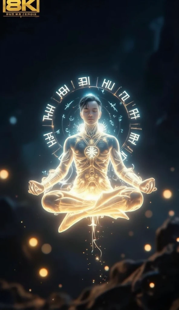 A man sitting in a lotus position with seven Chakras on his royal back - art illustration, kundalini energia, Chakras, Cura de luzes brilhantes, irradiando uma aura brilhante, diagrama de chakra, aura negra brilhante, grande aura brilhante difusa, aura de poder. circunstanciado, Pose centrada de corpo inteiro, emanating and flowing energy, aura sagrada brilhante, hiper-realista, + Cinematographic shot + dynamic compositing, incrivelmente detalhado, nitidez, detalhes + detalhes soberbos + noite com luz + perfeccionismo + realismo premiado ((soft-lighting))