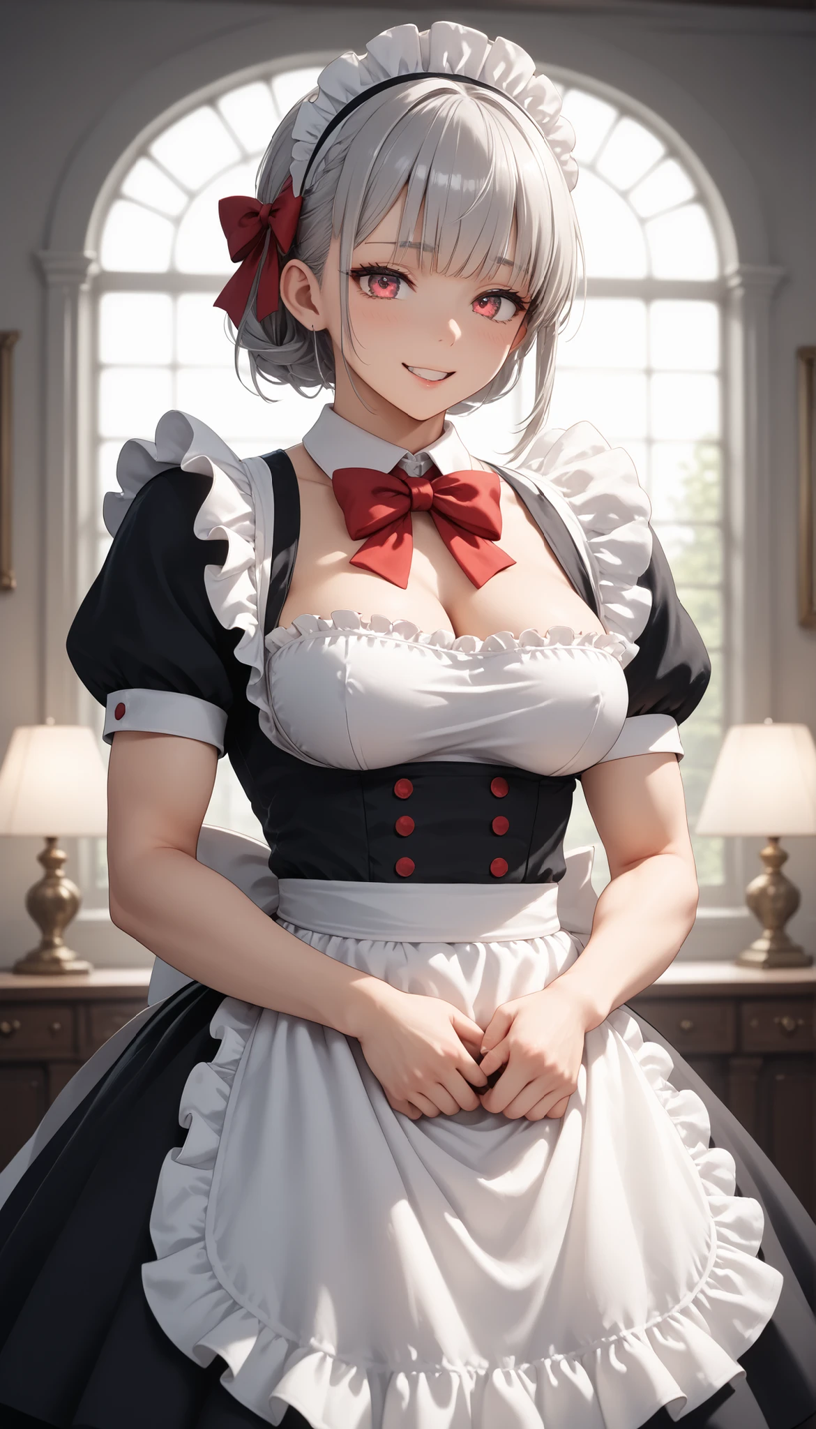 1 girl, A silver-haired girl, rathing_explicit , sexy, ,score_9, score_8_up, score_7_up, (detailed anatomical features, anime style:1.2), (best quality,4k,8k,highres,masterpiece:1.2),ultra-detailed, stunning lighting, soft colors, glowing skin, anime, anime style, maid, red bow, (maid costume), seductive ,((hyper muscular:0.2)) , ((big breasts:0.6)) , strong  , sexy , excited