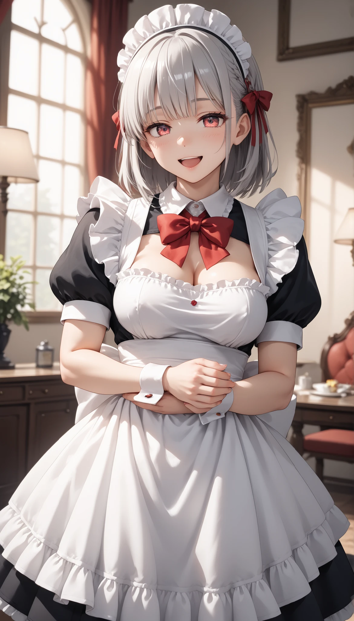 1 girl, A silver-haired girl, rathing_explicit , sexy, ,score_9, score_8_up, score_7_up, (detailed anatomical features, anime style:1.2), (best quality,4k,8k,highres,masterpiece:1.2),ultra-detailed, stunning lighting, soft colors, glowing skin, anime, anime style, maid, red bow, (maid costume), seductive ,((hyper muscular:0.4)) , ((big breasts:0.6)) , strong , sexy , excited