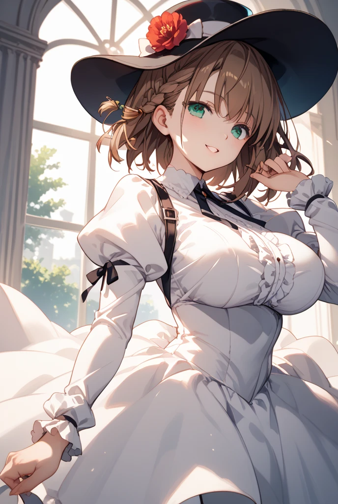 Anime illustration、highest quality、cyber punk、Fantasy、Alice in Wonderland、A plump bunny girl with dark brown skin、Bunny ears、Apron dress、Forest Tea Ceremony、Big Breasts、Thick legs、Beautiful, shining eyes、smile、Noise Reduction