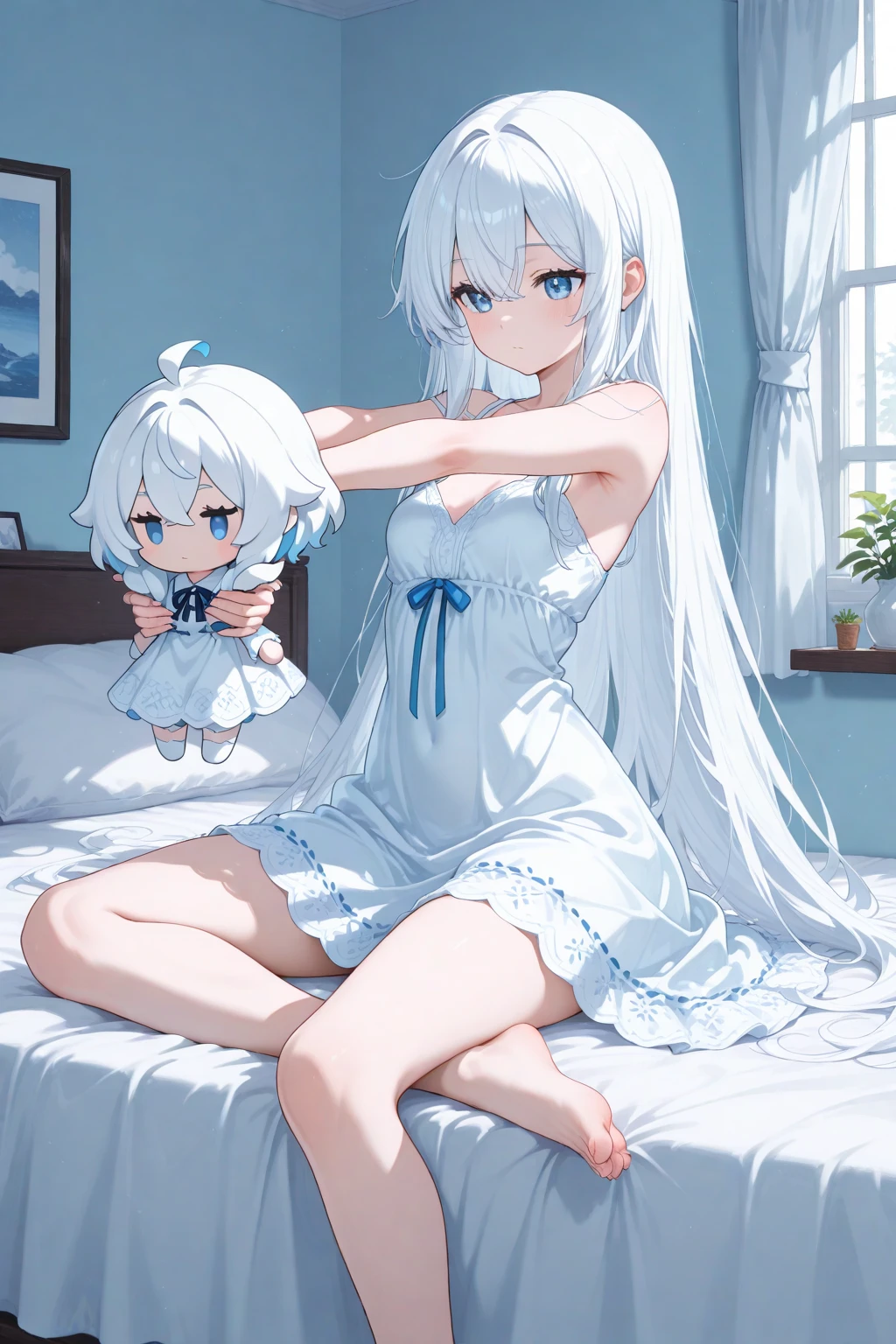 Three sisters of different heights、A cute white blouse with a cute light blue bra showing through it、Cute pink flared mini skirt、A cute light blue underwear that can be seen when you lift up your skirt、barefoot、Inside the submarine