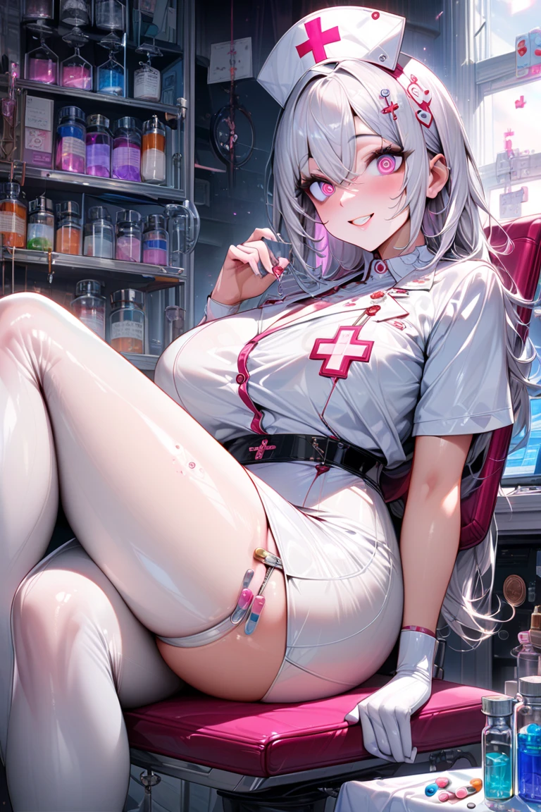 NSFW,masterpiece,Highest quality,High resolution,Super detailed,Shirakami Fubuki\(Hololive\),Gray Hair、One-sided braid、Ahoge、Earrings,Fox ears,Fox tail,Small breasts,nurse,Pink Nurse Uniform,Nurse cap,Stethoscope,Embarrassed,blush,Expecting face,Feeling face,(Ecstasy face),Sexy look,Hospital at night,Examination room,desk,pc,Chair,(Seduce),Cleavage,examine,Chairに座っている,Leg spread,Rub your own breasts,(Masturbation),(Squirting),From before