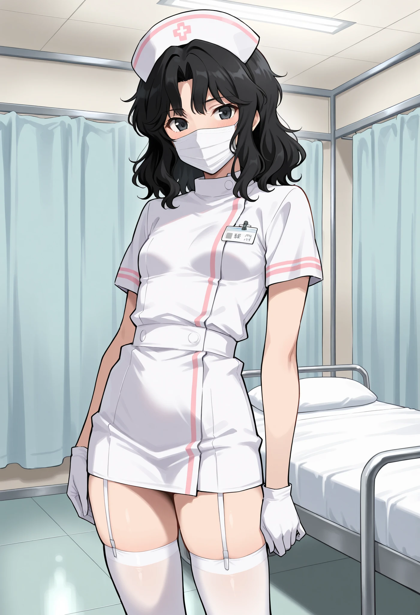 Score_9, score_8_up, score_7_up, source_anime, tnakao, solo, black hair, wavy hair, medium hair, black eyes, small breasts, (best quality), (high quality), {masterpiece}, extremely delicate and beautiful, ultra-detailed, beautiful detailed eyes, nurse, nurse hat, ((white nurse's outfit)), white gloves, white thighhighs, hospital room, ((white mask, mouth mask, covered nose)), standing