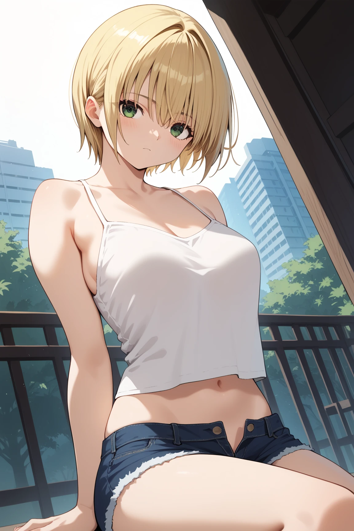 masterpiece, best quality, highres, 1girl, solo, short hair, blonde hair, blue eyes, <lora:hououji_akane_v1:0.7>, crop top, shorts, midriff, underboob, outdoors, city,