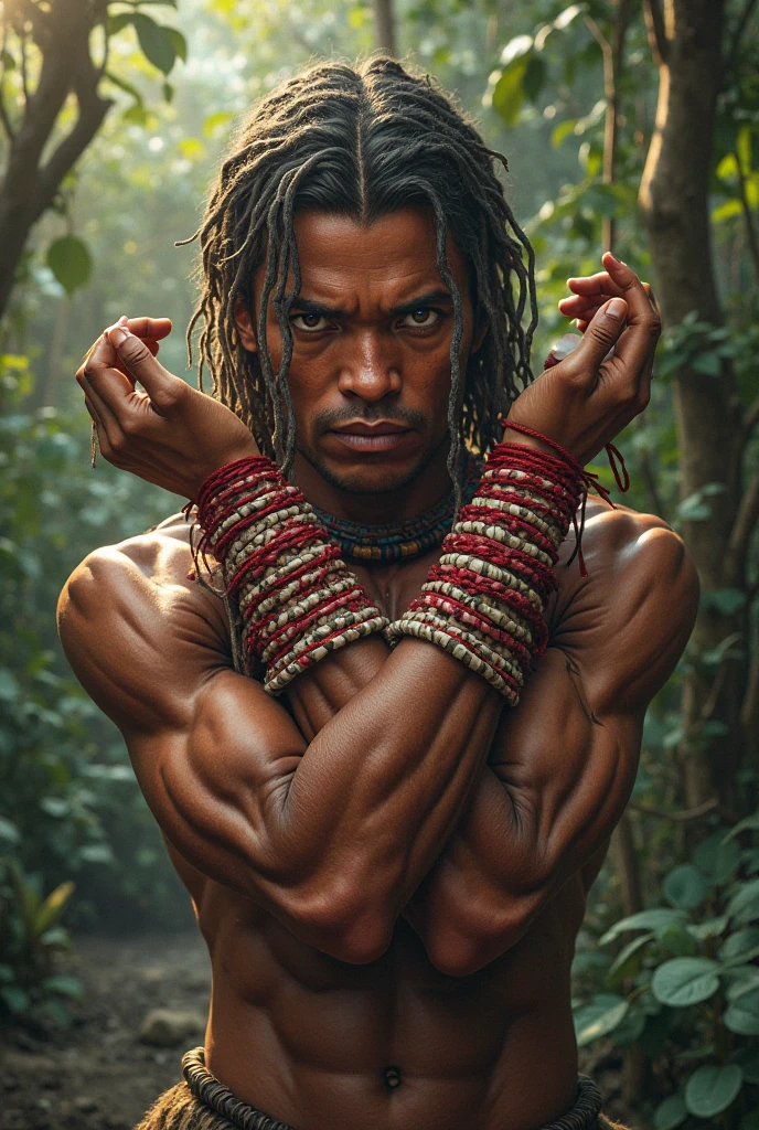 a man with dark skin and locks of hair, dressed only in white cargo pants, barefoot and shirtless with a gold bracelet, sitting on a cliff with empty wildlife and full of magnificent vegetation below