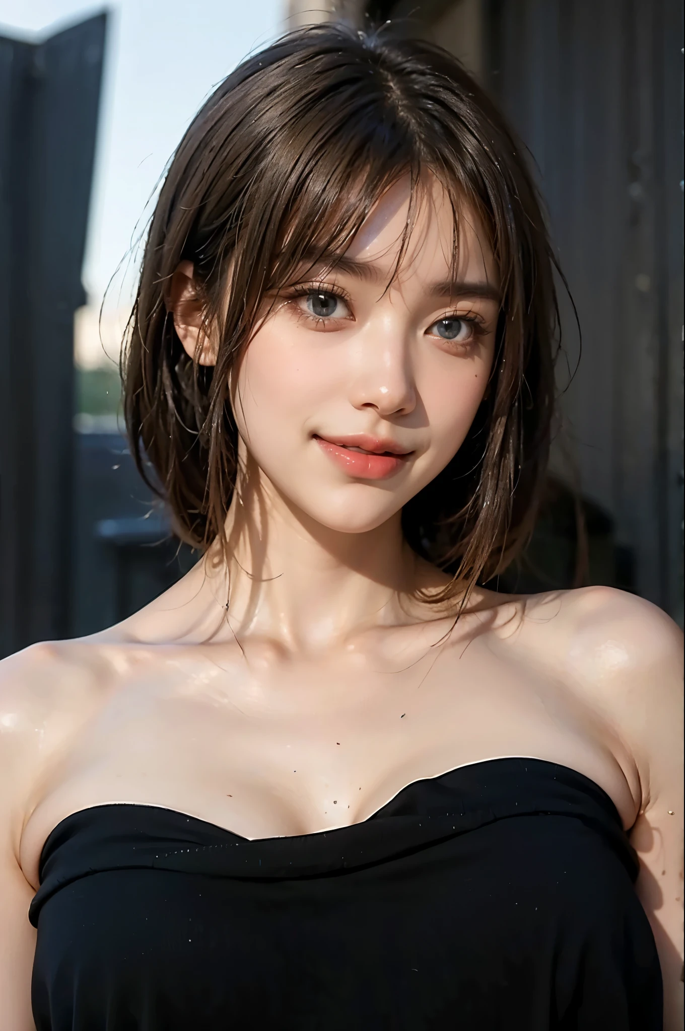 (masterpiece:1.3), (8K, Photorealistic, Raw photo, Best image quality: 1.4), Black fashion,Slender body、((Portrait taken from above:1.3,)),(Smiling with teeth showing,Big smile)),((Straight jet black hair:1.4))、Purple ribbon in hair,((Short bangs hair)),Super detailed face、((Attention to detail))、double eyelid、Put your chest together、Sharp focus:1.2、Beautiful woman:1.4