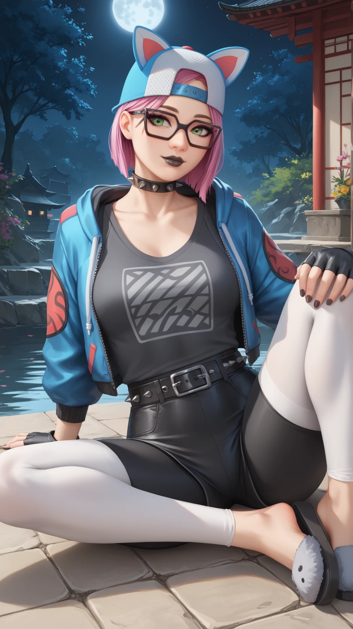 1 girl, (masterpiece), (best quality), standing, (solo), looking at viewer, high detailed,extremely detailed, fine eyes, smile,dynamic pose, short pink hair,cap,crop top, jacket,fingerless glove,curvy,forest,glasses,(gray leggings),(portrait:1.2),