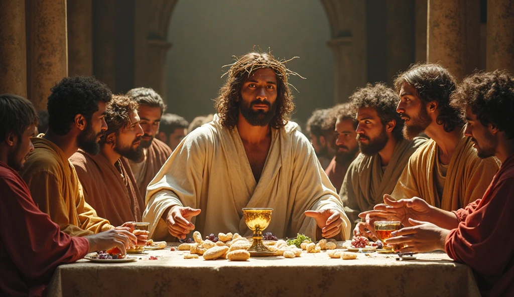 Jesus Christ, at the Last Supper, using a golden chalice, biblical time, traditional roman clothing, in a banquet hall in ancient Jerusalem, Jesus is holding the chalice while his disciples surround him, background with tables and people at dinner, plano general, hyper-realistic, Photo realism, cinematography.