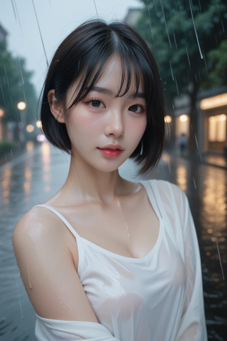 (2 Japanese girl,), (Small breasts:1.5,),(solo,Textured skin, Detailed skin,Detailed face,Detailed eyes,detailed posing,Natural eyebrows,Perfect limbs,High detail, Highest quality, Super detailed, Surrealism, ,8k,RAW Photos,Photographicism,Professional Lighting,Portrait Photography,),((Black Hair, Dark Eyes,Natural Makeup,Simple earrings,Bob Hair,ribbon,happiness/joy)),(((Wet Hair,Sheltering from the rain,Rainy sky under the bridge,)))
