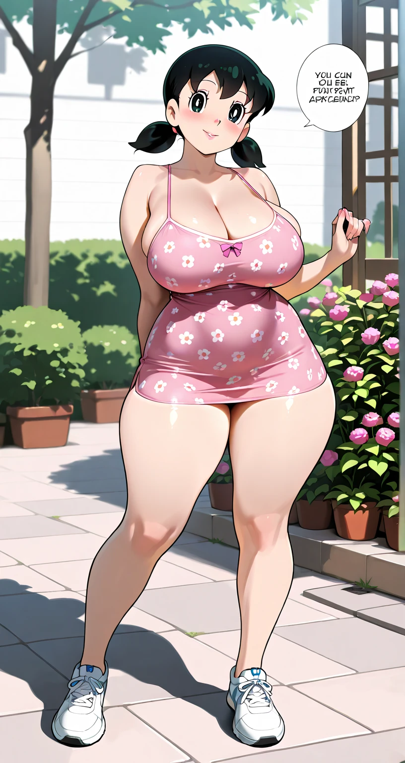 (NSFW), Misae Nohara, housewife, thick thighs, hourglass figure, long beautiful legs, naked, sexy legs, (Standing in a sexy pose), Looking at the viewer with sexy detailed seductive eyes, detailed lips, Misae Nohara, exposed breasts, brown short black hair, high heels, hard nipples, exposed vagina, hairy vagina, best quality, highres, bbyorf, gold earrings, large breasts, tights, highly detailed body, florish garden in the background, jewelry, no panties,