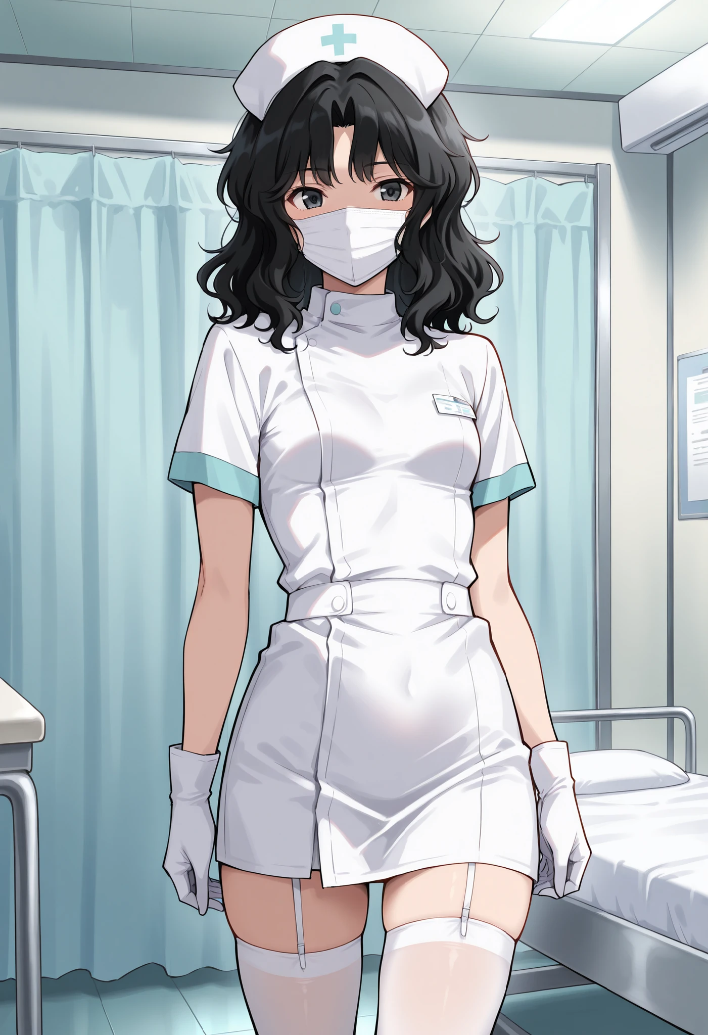 Score_9, score_8_up, score_7_up, source_anime, tnakao, solo, black hair, wavy hair, medium hair, black eyes, small breasts, (best quality), (high quality), {masterpiece}, extremely delicate and beautiful, ultra-detailed, beautiful detailed eyes, nurse, nurse hat, ((white nurse's outfit)), white gloves, white thighhighs, hospital room, ((white mask, mouth mask, covered nose)), standing