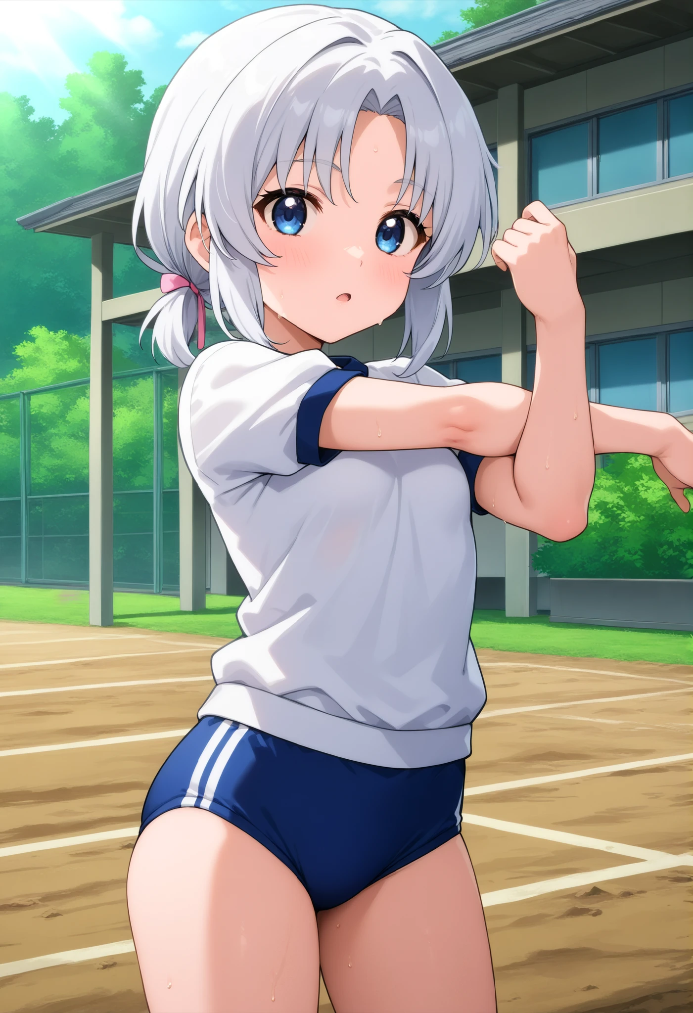 higurashikira, anime screencap, anime coloring, cowboy shot,
1girl, solo, daughter, aged down, short female, toned female, white hair, short hair, low ponytail, parted bangs, blue eyes, small breasts,
gym uniform, white gym shirt, blue buruma, pink hairtie,
looking at viewer, expressionless, open mouth, stretching arm, light blush, sweat, standing,
outdoors, schoolyard, dirt ground, school building, morning, sunlight,
(masterpiece, best quality, absurdres, highres, newest, very awa, year 2024:1.2)