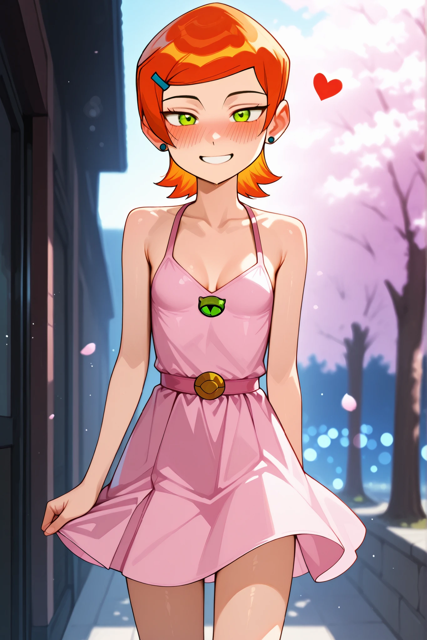 Gwen Tennyson, An anime-style age girl with wavy long fiery red hair, highly detailed and beautiful emerald green eyes, and a confident and happy, blushing softly as she looks at the viewer under a sunny and bright sky. She’s wearing her beautiful sleek and sleeveless pink dress outfit, with a soft glow of magical energy around her. Small breasts, cleavage, slim thighs, Her expression is flustered but sweet, with a smile and slightly averted eyes, as if she’s just realized her feelings. Cherry blossoms drift in the air. Romantic, heart-fluttering atmosphere, cinematic anime lighting, dreamy bokeh background.