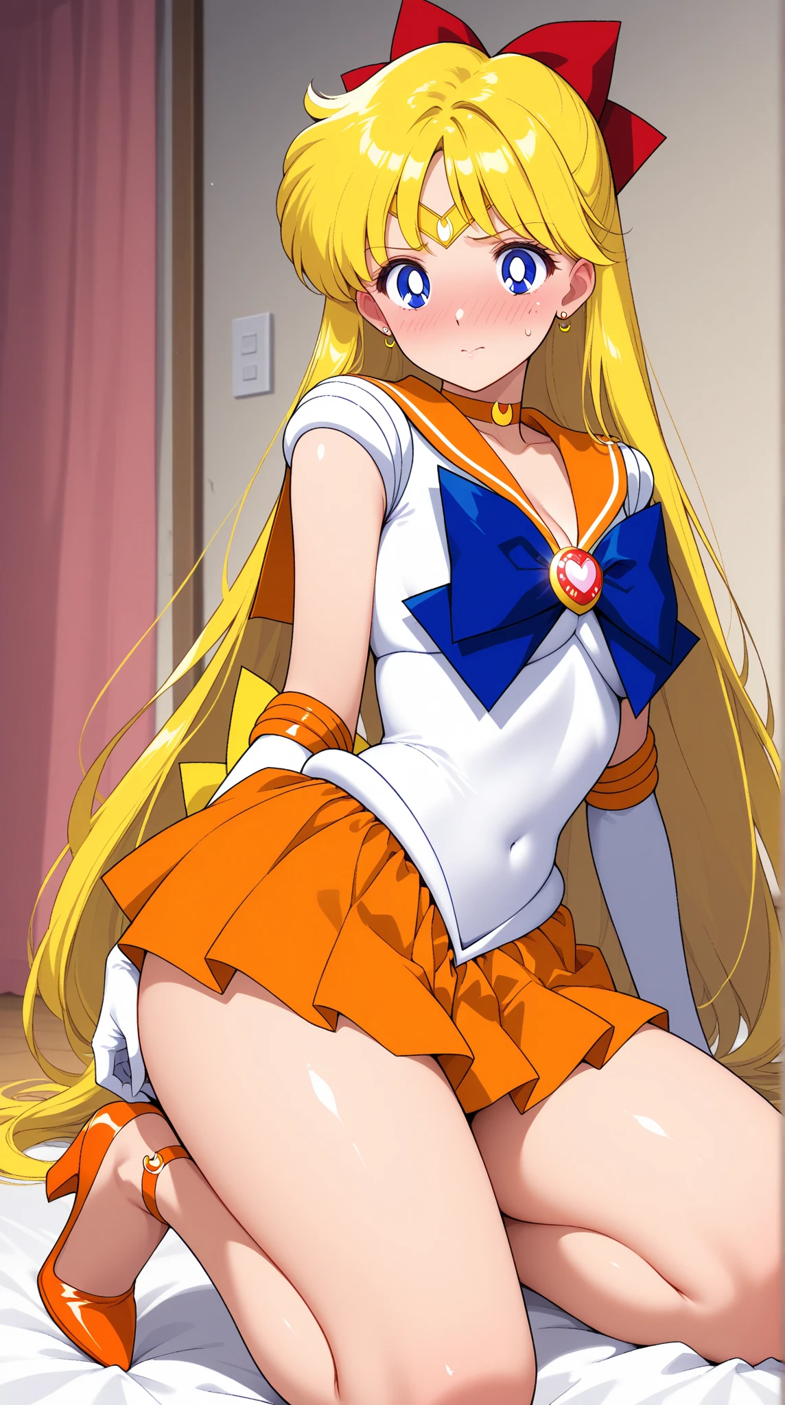 masterpiece, best quality, absurdres, perfect antomy, 1girl, solo, SMMoon,, blonde sailor venus, standing, smile, cowboy shot, sailor senshi uniform, sailor collar, orange skirt, elbow gloves, big booty, ultra mini skirt , jewelry, earrings, lying on her side on a bed, showing her ass, ass with a small white thong, very sexy , nice ass. (LYING ON HER SIDE ON A BED)
