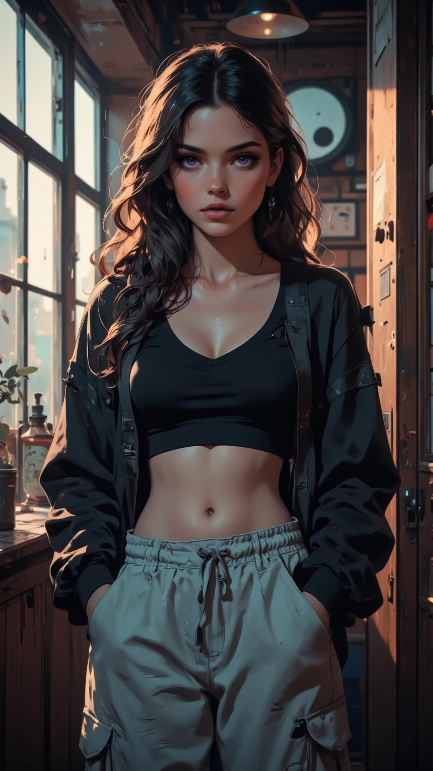 (), tetas grandes,(Obra maestra), La mejor calidad, extremadamente detallado, (acuarela), florecer, delicado y hermoso, illustration, (desde abajo),(1girl:1.4), (solamente:1.2), senos grandes, (Ribbed sweater:1.3), off-shoulder sweater, (pantalones cortos:1.2), hombros desnudos, (Underboob:1.2), ((dark skin:0.8)), Hermosos ojos, (cabello despeinado ), Cinematographer, Tiro por encima del hombro, por Alex Maleev, profesional, Canon Camera, Nikon Camera, afilado, Bokeh, Calidad de estudio, Lente ojo de pez, por Robert Capa ,