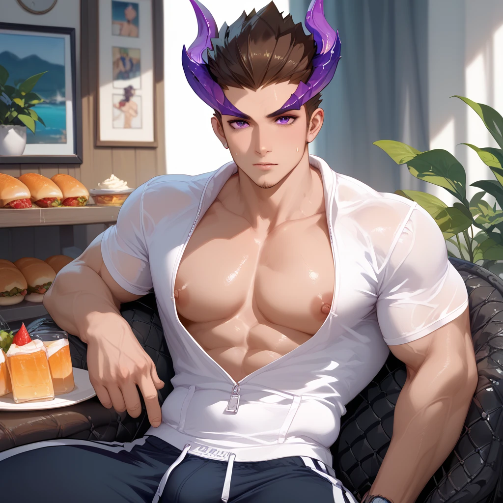 Handsome man, red eyes, stern look, dark brown skin, handsome male, laying on bed, long sleeve shirt, purple hair, short hair, detailed body, detailed hands, bulge in pants, arrogant expression, looking straight, black shirt, nighfall, ear piercings, black pajamas, horns, masculine, pointy ears