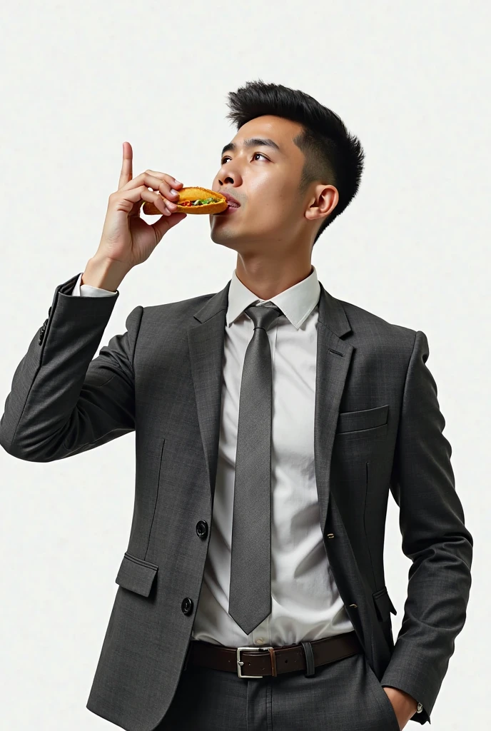 A 20 year old man with medium build, black hair, Asian, wearing formal attire, sitting on a bench in a park, eating a chocolate covered strawberry ice cream 