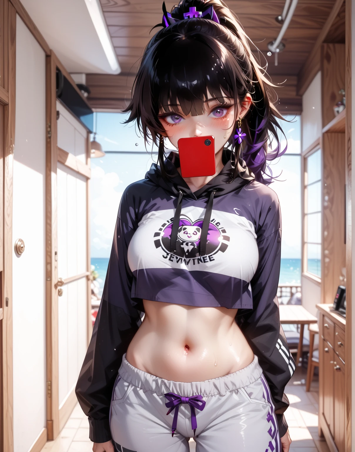 upper body,Sexy and firm super small breasts、Sexy cute looks and cute 15 year old beautiful girl, Beautiful and sexy face、Beautiful, cute and sexy eyes hidden by long bangs,White long straight hair、Completely naked、super cropped tops hoodie,Light blue eyes、Shorts,Showing breasts and nipples