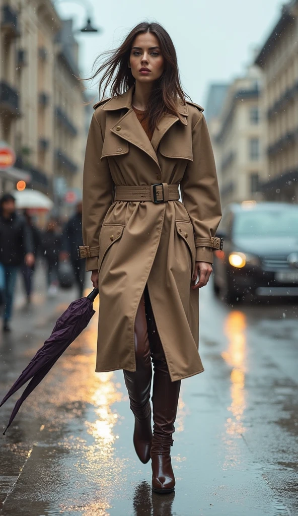 Very young small German dark brown woman in boots and beige trench coat