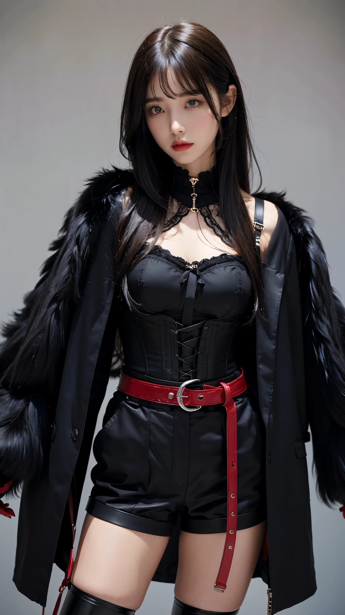 Medium hair woman 、I'm wearing a black corset、 wearing black shorts、I'm wearing two red belts around my waist.、I'm wearing long black boots、I'm wearing a long black coat with feathers、I'm wearing colorful sleeves and gloves