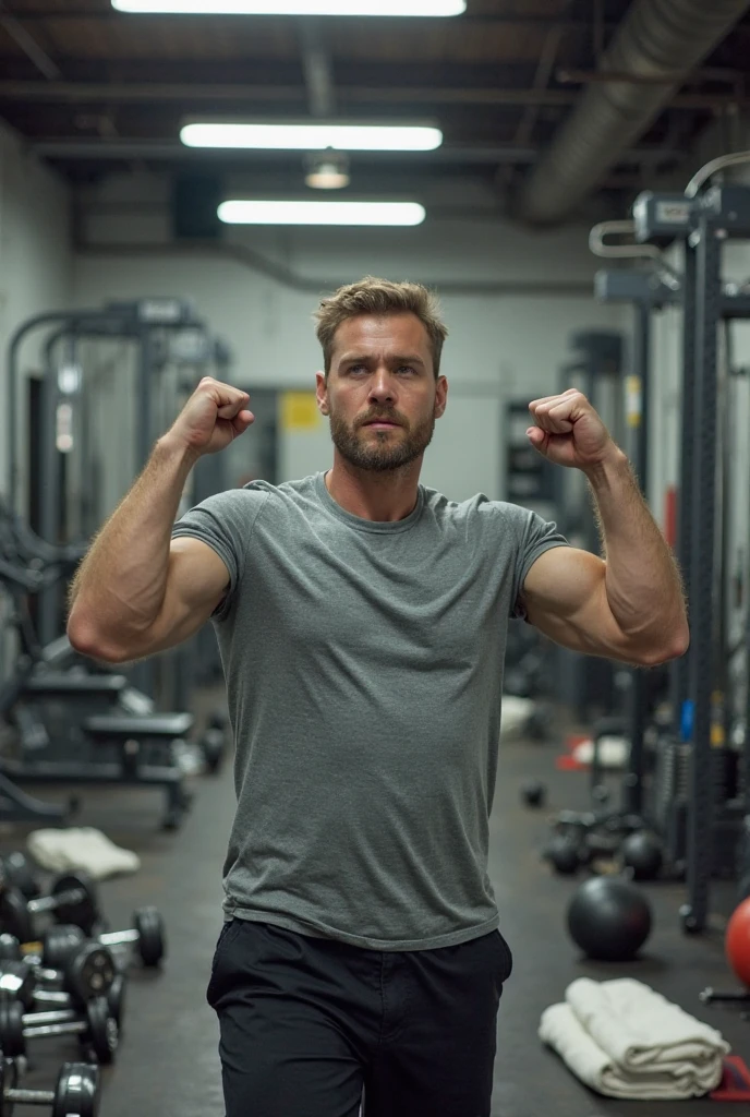 42k, high quality , detailed face , detailed hands , detailed muscles , stephen amell standing, posing in a gym hall ,standing with spread legs, showing his muscles, background brick wall with men health posters