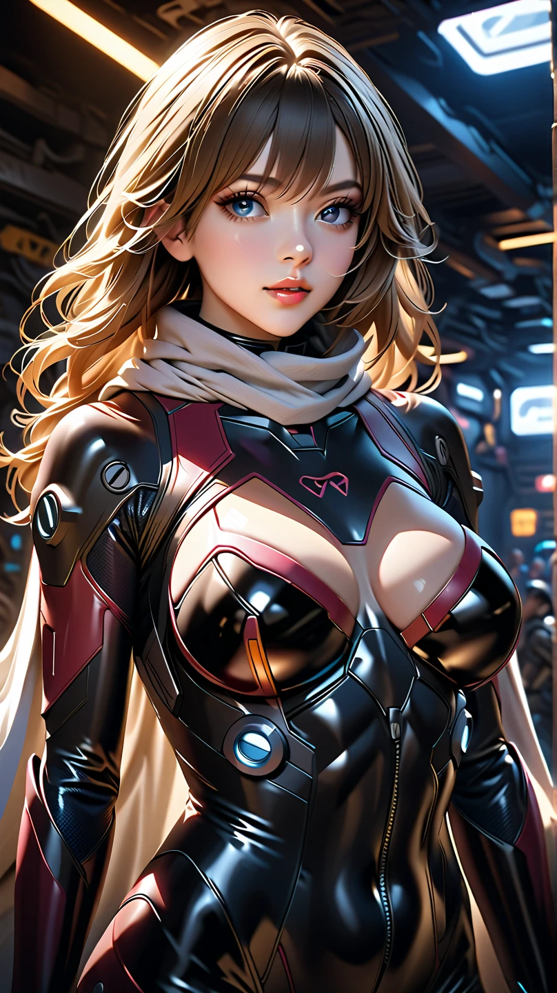 (masterpiece), 1girl, solo, best quality, expressive eyes, perfect face, upper body, beautiful face, mature woman, focused, beautiful eyes, silver grey eyes, long purple hair, tanned skin colour, spaceship, bodysuit, sci-fi, space, stars, front view, close up, pink lipstick, crystal necklace, pink blush, facing viewer, grown up woman , mature face