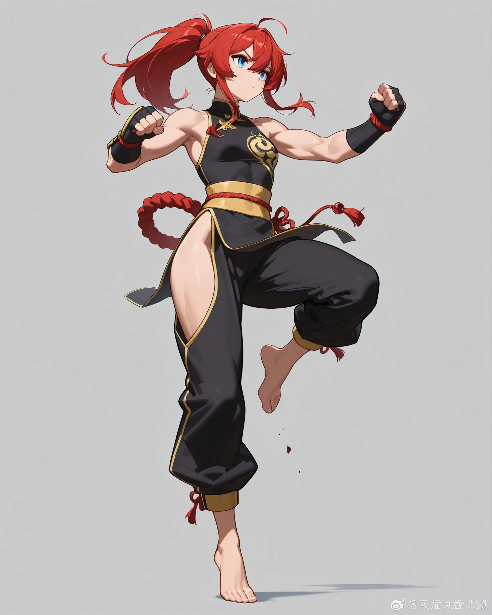 (masterpiece, Highest quality, so beautiful, 4K、figure), whole body,Intricate details, 1 Female,alone,Contrasting 、Strong glowing 目、,(Cowboy Shot)、Grin、XL leg split,(Martial artist),Beautiful Face、Clenched fist、(Red Hair Gradient Heightening Spirit、Single braid,black eye、White simple sleeveless、Leggings pants,Warrior、Medium chest、slim 、Ranma 1/2,whole body