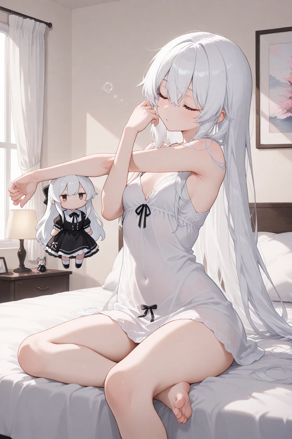 A 5-year-old girl who is pregnant,long white hair,Girls only have white bras and transparent panties,Full body photo of the girl,look of anguish,There is a faint blush on the face,Stick out her tongue,Full body photo of girl lying on the ground