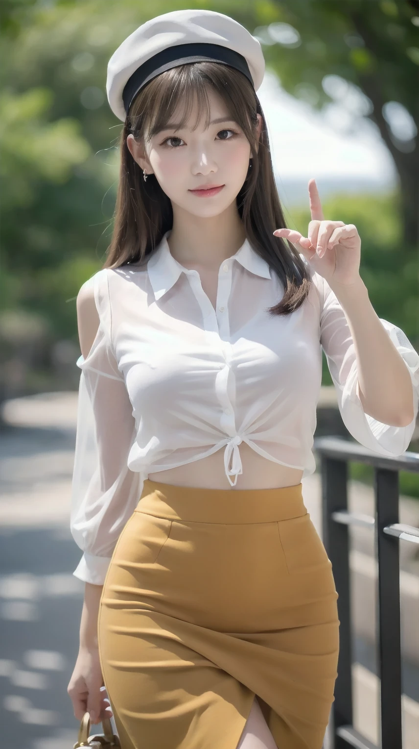 (Best Quality, masutepiece, Ultra HD: 1.3, High brightness, High color saturation), 1girl in, (middlebreasts), light brown hair, Asymmetrical hair, straight haired, Long hair, ( slender body shape, Constricted waist), (Ultra Fine Face), Delicate lips, (beautidful eyes), thin blush, eyes are brown, perfect glossy skin, View here, Smiling smile, ( hide one's hands), (Sitting on a bench), (thin and long legs, Thighs and toes:1.5), See-through white blouse, Tight skirt, (White pumps), (a japanese girl, hposing Gravure Idol), Broad-leaved forest, 135 mm, Fuji Film