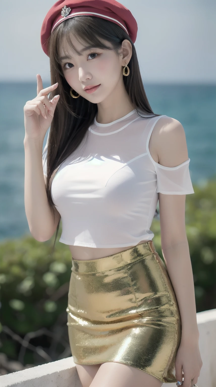 8k, masterpiece, RAW photo, best quality, photorealistic, extremely detailed CG unity 8k wallpaper, Depth of field, Cinematic Light, Lens Flare, Ray tracing, (extremely beautiful face, beautiful lips, beautiful eyes), intricate detail face, ((ultra detailed skin)) 1girl, in the dark, deep shadow, pretty korean girl, kpop idol, 1 girl, (very slim slender fit-muscled body:1.3), ((looking at viewer)),(big smile:1.3), (tight laced blouse), (hot pink color blouse), (sleeveless) , (fashion city night, dark night, (neon sign), (blurred background), fashion street night),(without people in the background:1.3), beautiful earrings, bracelets, necklace, pantyhose, clear eyes, walking, (pale skin), (big eyes), face forward, ((upper body shot)), ((silk white color skirt:1.3)),(brown hairs),((tight fitting laced skirt)), (see through), (looking at viewer:1.3) open breast, very slim, thick thighs, medium breasts, hermes bag , turning back, back shot