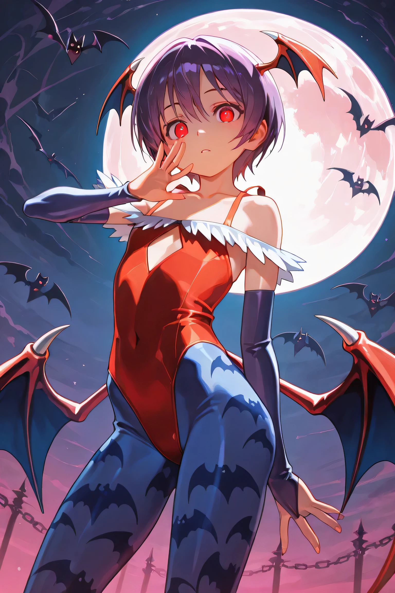 score 9, score 8+, score 7+, score 6+, score 5+, score 4+
1 girl, Lilith, wings, animal print, pantyhose, leotard, wings on head, bat paw prints, printed pantyhose, red leotard, diamond cutout, short hair, red eyes, bridal gauntlet, purple hair, exposed shoulders, smiling, demon, staring at viewer, collarbone, blue legwear, bat wings, flat chest
masterpiece, best quality, amazing quality,,, Dio Brandos pose, Dio Brandos pose (JoJo), back, butt, JoJo pose from behind, standing, upper body,,,
medieval castle, night, moon, beautiful lighting, well, from below