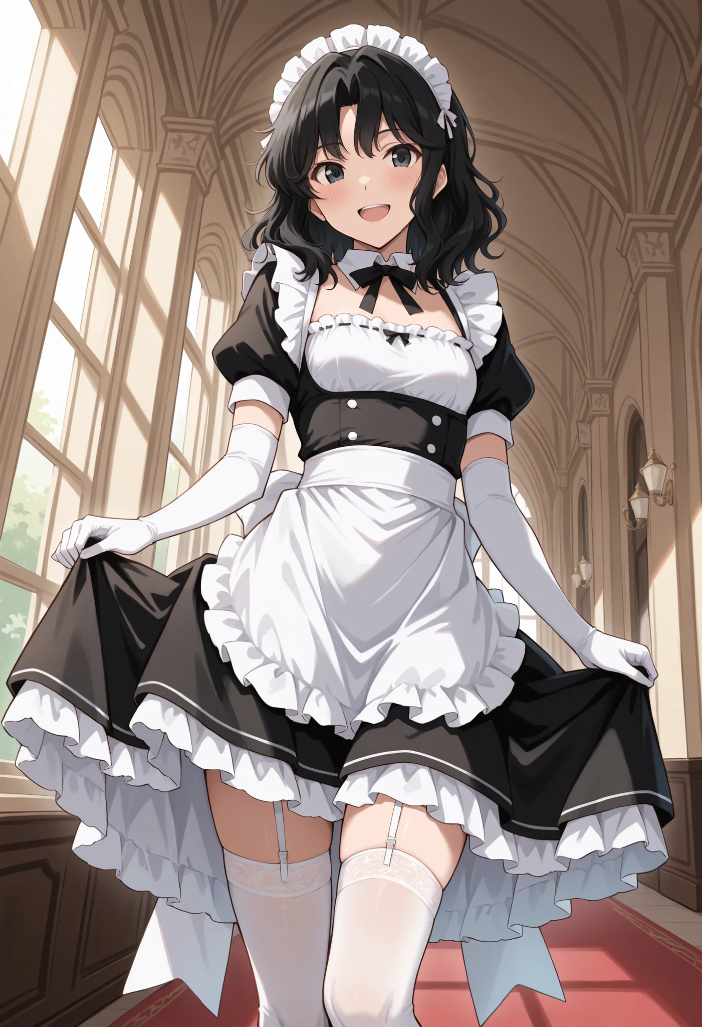 Score_9, score_8_up, score_7_up, source_anime, tnakao, solo, black hair, wavy hair, medium hair, black eyes, small breasts, (best quality), (high quality), {masterpiece}, extremely delicate and beautiful, ultra-detailed, beautiful detailed eyes, maid, black maid costume, short sleeves, puffy sleeves, white headdress, white frilled apron, white elbow gloves, white thighhighs, mansion, indoor, smile, open mouth, standing