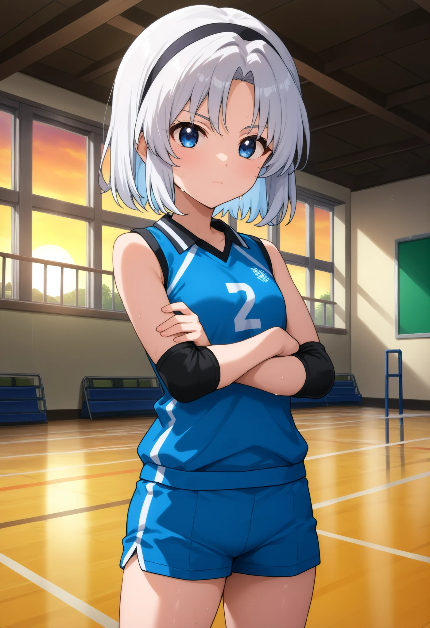 higurashikira, anime screencap, anime coloring, cowboy shot,
1girl, solo, daughter, aged down, short female, toned female, white hair, short hair, parted bangs, blue eyes, small breasts,
volleyball uniform, sportswear, blue sleeveless shirt, blue shorts, black elbow pads, black hairband,
looking at viewer, expressionless, open mouth, crossed arms, sweat, standing,
indoors, school gym, volleyball court, sunset, sunlight,
(masterpiece, best quality, absurdres, highres, newest, very awa, year 2024:1.2)