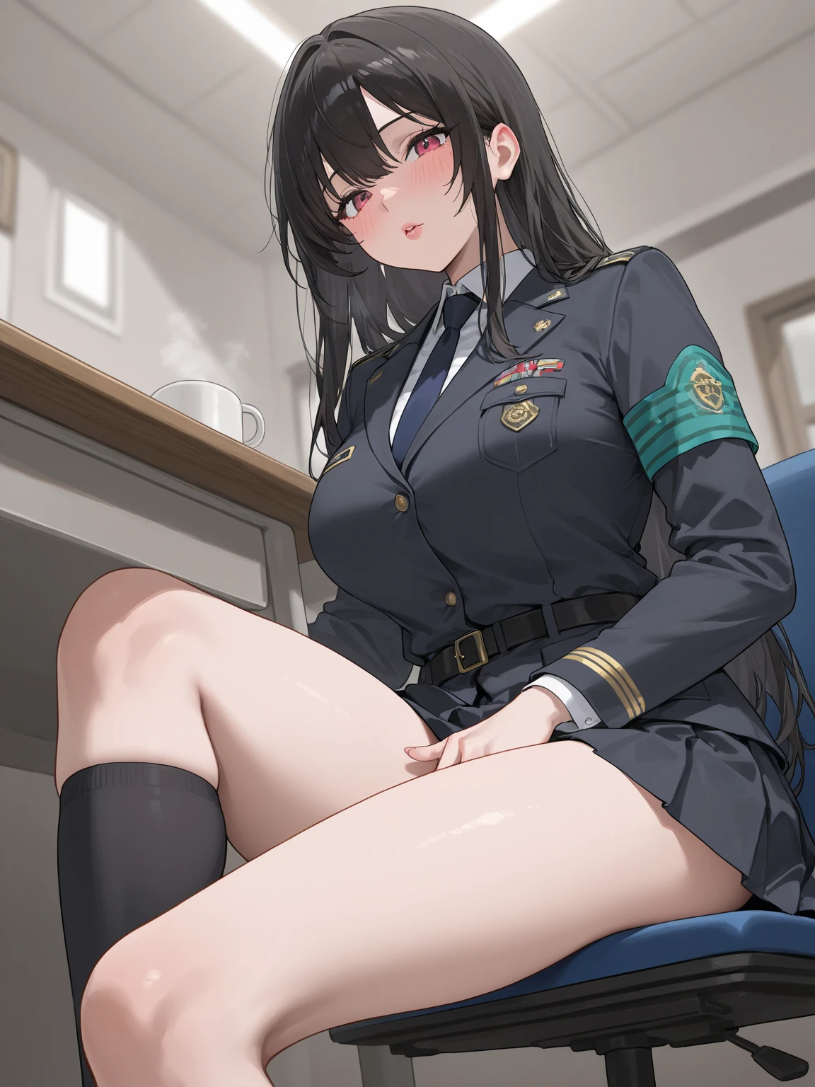 One Woman,midnight blue uniform,Squatting,M word、spreading legs、tiny chest,Nipples,,small areola,,(((cunt)))、Cute face,Beautiful face,Thick eyebrows,embarrassed,excited,Medium Hair,Semi-long hair,Black hair,Black eyes,Looking at Viewer,In the classroom,Illustration style,masutepiece, extremely fine and beautiful,Japanese