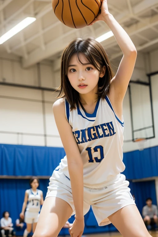 バスケットボールをプレイする数人の高校生の女の子たち, (DYNAMIC POSE:1.2), (basketball uniform), mature women who are rebellious to me, (light brown hair) bungs, Determined Expression, (Angel Aiming to Be a Masterpiece:1.2) Delicate Pictures , Super Detail, (Civic gymnasium ) , A few high school girls playing basketball at the big tournament , indoor, audience , Dynamic angle , shot from below