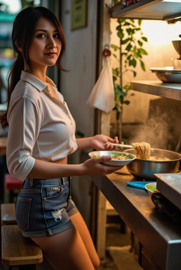Female supermodel. Pastel red T-Shirt. Blue jeans. Dim, soft lighting. Sunset. Sunset. Kappabashi Kitchen Tools Street, Tokyo, Japan.