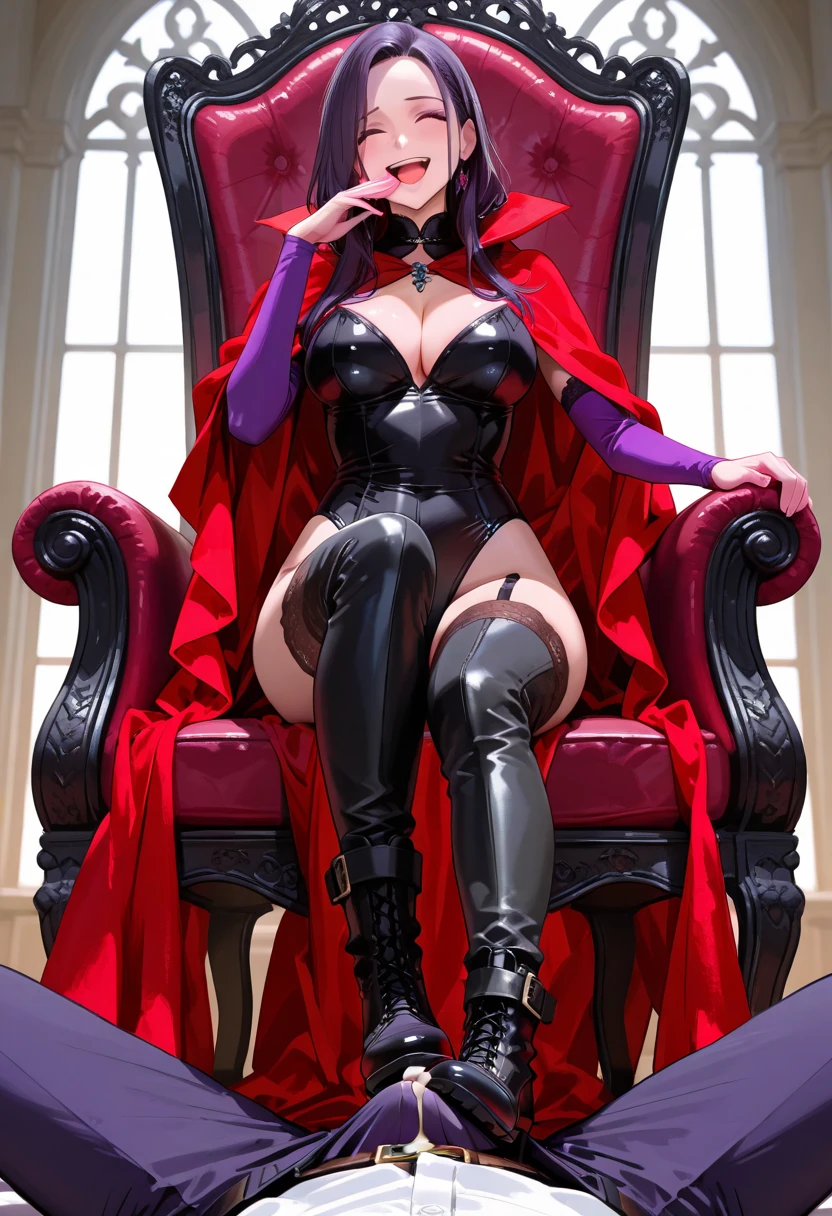 Sexy asian woman, big breasts , , vampire cosplay, leather, black and red cape, choker, vampire teeth, sitting in a gothic throne, legs crossed, high heels, seductive portrait