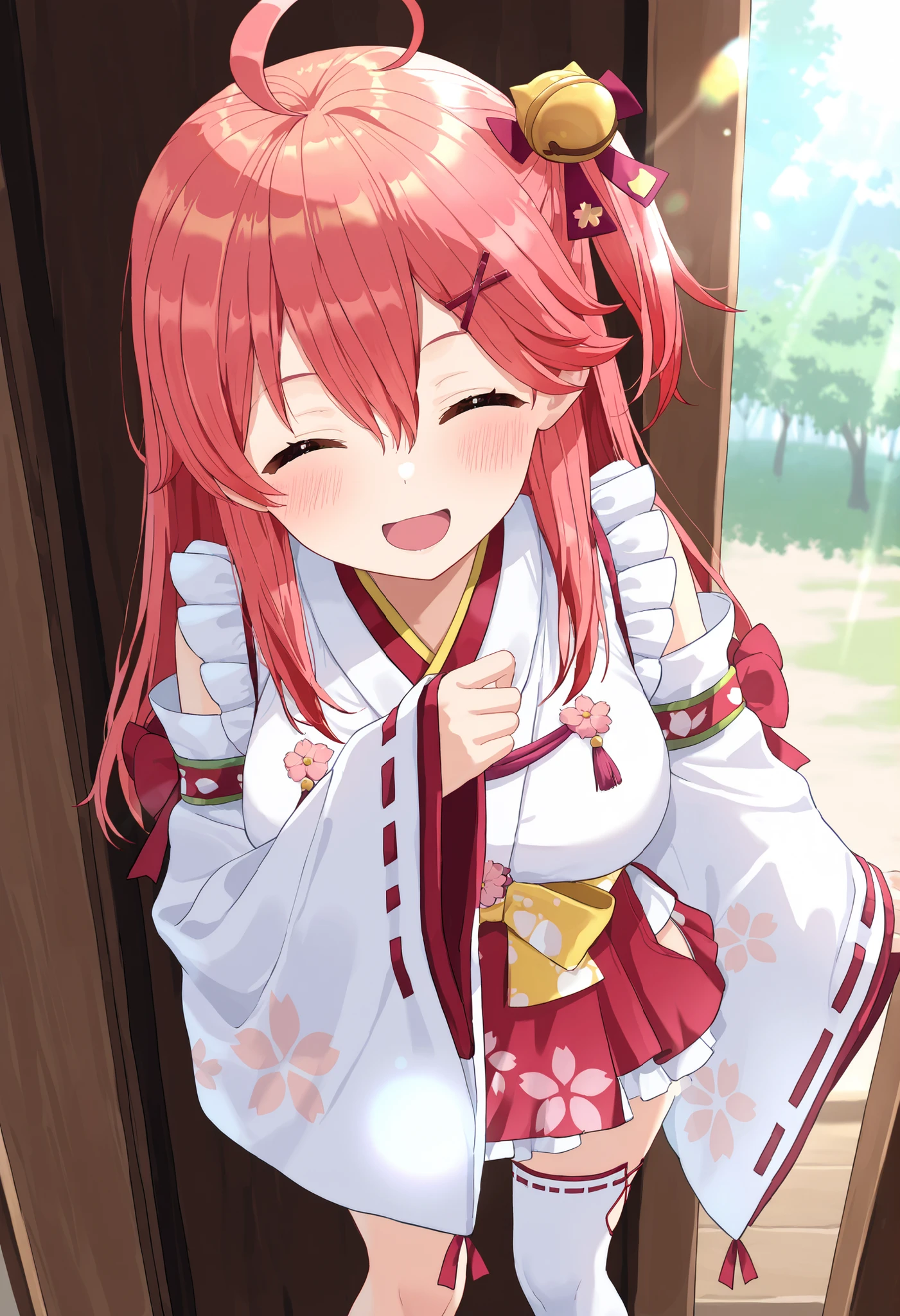 masterpiece, best quality, highres, miko1, sakura_miko, young_1teen_girl, large_breasts, solo, ahoge, x_hair_ornament, light_red_hair,blush, floral print, hairclip,(side_less_clothes:1.5), side_breasts, hair_bell, floral print, long_hair, hair between eyes, one side up, white thighhighs, asymmetrical legwear, wide sleeves, open_small_mouth,happy,closed_eyes,big_smile,(overly_long_sleeves:1.3),),sleeves_past_wrists,hands_hidden_sleeves,sidelock_clothes,solo,hidden_wrists,sunlight,cherryblossom_temple_landscape_background,rise_arms,raise_arms,dynamic_standing ,EyeDetailerXL,sunlight,,looking_viewer,raise_knee,