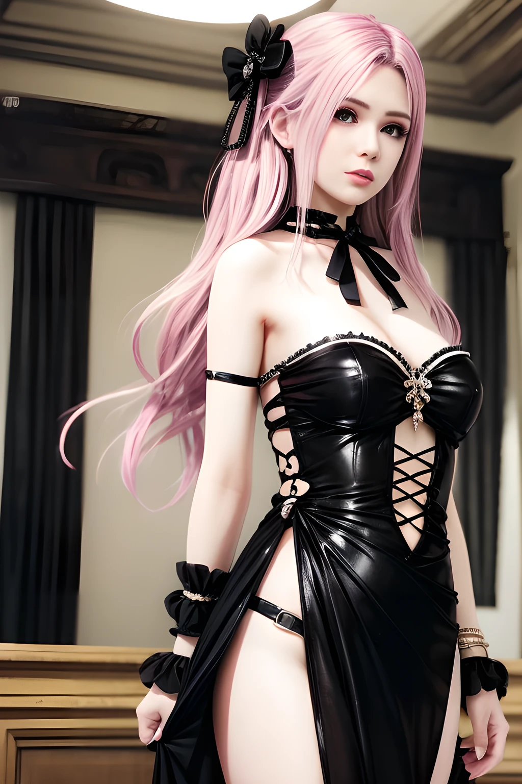 g0thdr3ss, dress, sheer, short dress, gothic, white and black dress, dress, bare shoulders, torn pantyhose, boots, black footwear, torn clothes, knee boots, fishnets,((Girl lying in bed))、A beautiful and moving woman, in an elegant pose, her full breasts on display.,Visible cleavage,Sexy long legs,Variety of slim and cute beauties, Her long hair cascades down her shoulders like a waterfall。She smiles radiantly,Eyes sparkle,Her skin is flawless。Her curves are highlighted。Sparkle in the light,The colors are soft,Perhaps in shades of light pink or lavender。She lay confidently,One hand on hip,Her posture is both graceful and strong。She wears elegant high heels,Goes well with her outfit。In the warm golden sun。The overall atmosphere of the image is tranquil and uplifting,Emphasizing natural beauty and elegance, Studio Lighting,Bright colors, Sweet maiden, sweet smile, make up,shy,Blush,Parted lips,Heavy breathing,moan,Surrealism,Realism,Movie Lighting,Relief,Sony FE GM,Retina,masterpiece,precise,Anatomically correct,Textured Skin,Super Detail,High Detail,best quality,rich and colorful