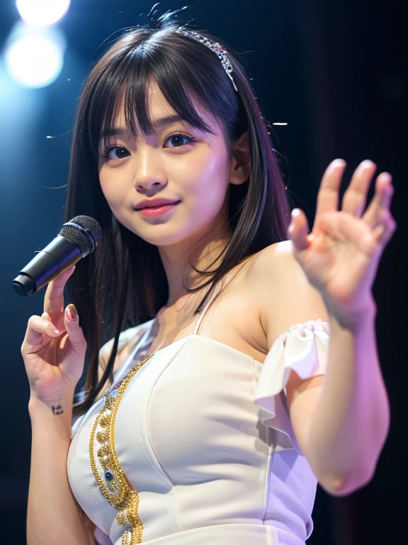 best quality, detailed, beautiful, insanely detailed, absurdres,perfect anatomy,
Japanese woman,black hair,27 years old,
(slender),
(small breasts),
(full body shot:1.0), arena, cheerful grin, standing, front view, blindfold, wave hair, (white fancy mini dress:1.0),(cleavage:1.2), (A scene where they sing passionately at a live performance:1.2), with a microphone, (View from below:1.3)
