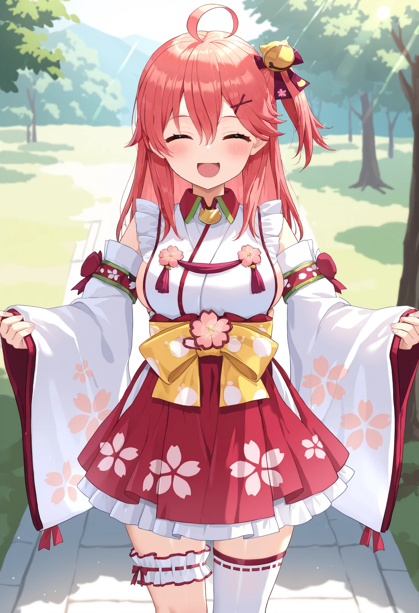 masterpiece, best quality, highres, miko1, sakura_miko, young_1teen_girl, large_breasts, solo, ahoge, x_hair_ornament, light_red_hair,blush, floral print, hairclip,(side_less_clothes:1.5), side_breasts, hair_bell, floral print, long_hair, hair between eyes, one side up, white thighhighs, asymmetrical legwear, wide sleeves, open_small_mouth,happy,closed_eyes,big_smile,(overly_long_sleeves:1.3),),sleeves_past_wrists,hands_hidden_sleeves,sidelock_clothes,solo,hidden_wrists,sunlight,cherryblossom_temple_landscape_background,rise_arms,raise_arms,dynamic_standing ,EyeDetailerXL,sunlight,,looking_viewer,raise_knee,