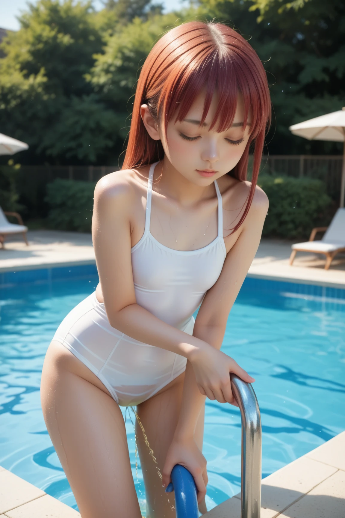8 year old Asian girl from back with red hair in light green bikini in a pool with a ball