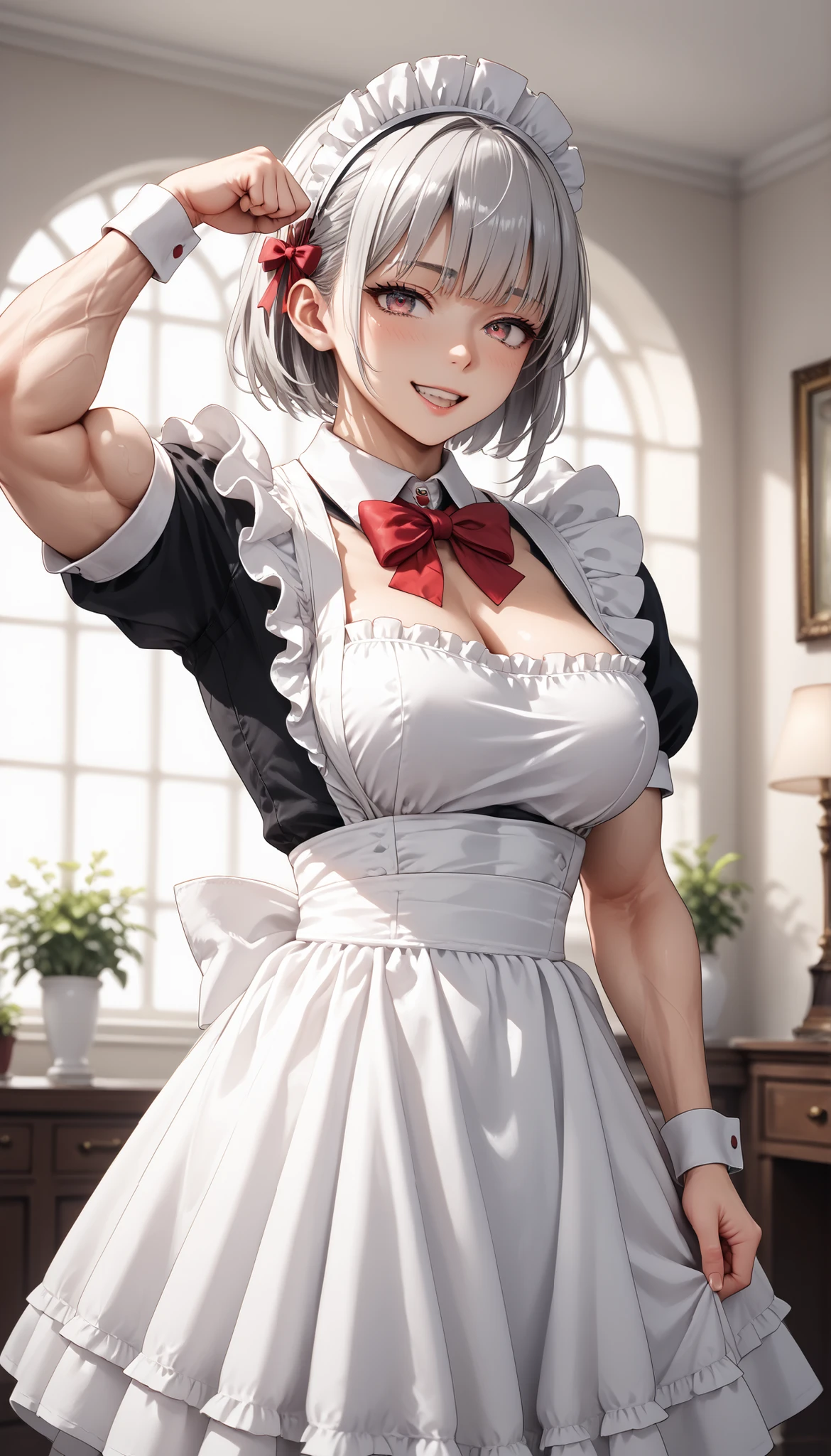 1 girl, A silver-haired girl, rathing_explicit , sexy, ,score_9, score_8_up, score_7_up, (detailed anatomical features, anime style:1.2), (best quality,4k,8k,highres,masterpiece:1.2),ultra-detailed, stunning lighting, soft colors, glowing skin, anime, anime style, maid, red bow, (maid costume), seductive ,((muscular:0.8)) , ((big breasts:0.4)) , stron , sexy , excited (flexing arm)