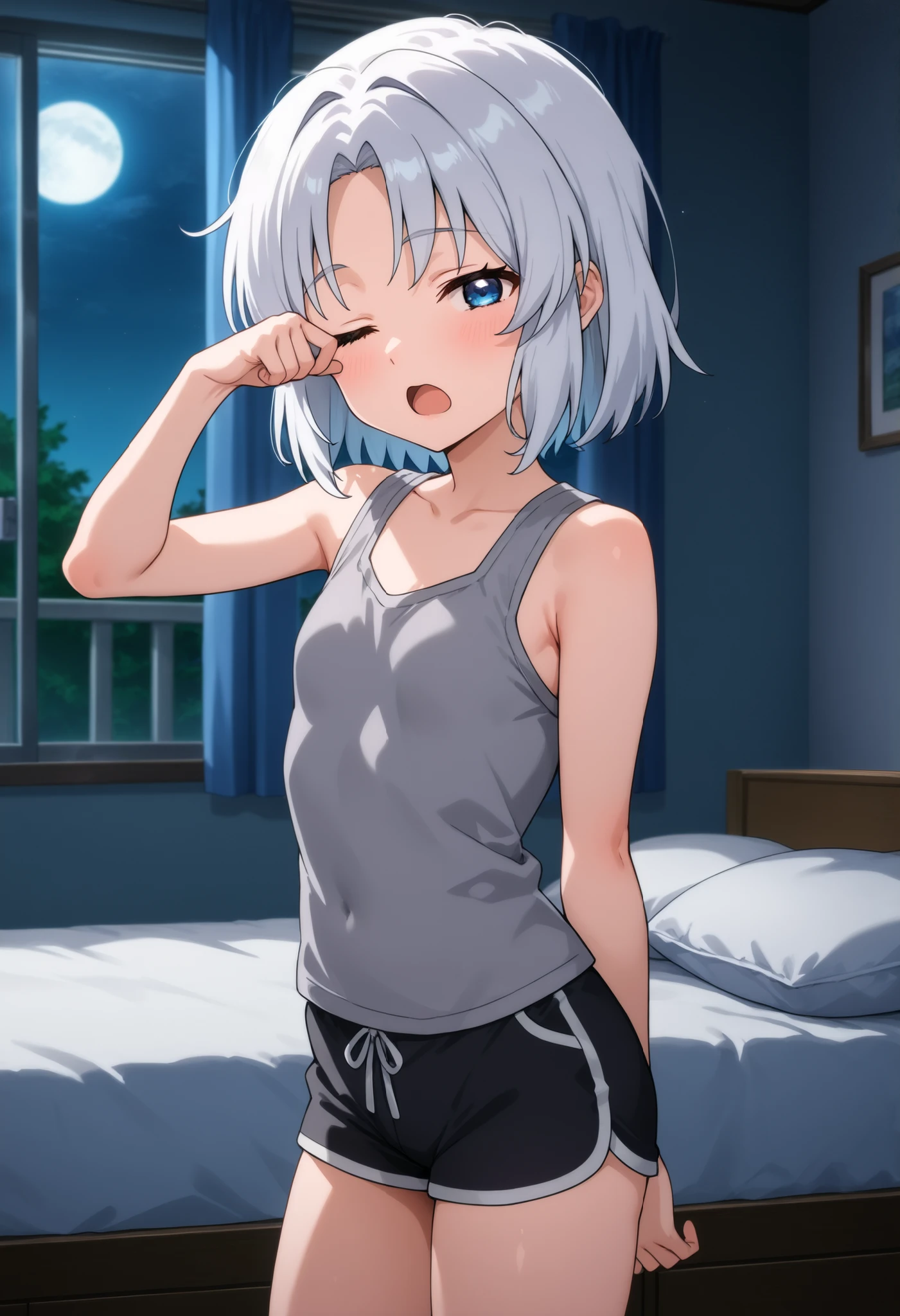 masterpiece, best quality, ultra detailed 18k cg render, (Illustration: 1.3), (Portrait:1.35), 1girl, solo, short hair, silver ash hair, troubling in the gym, leaning forward, bloomers, short hair, 1girl, masterpiece, best quality, ultra-detailed, perfect composition, intricate details,
(best quality,masterpiece:1.5),absurdres,highres,8k, ultra high res, official art,illustration,extremely detailed, covering mouth with hand, looking down, {{Head down}}, from above, diagonally view shot, dutch angle, sports wear, small cleavage