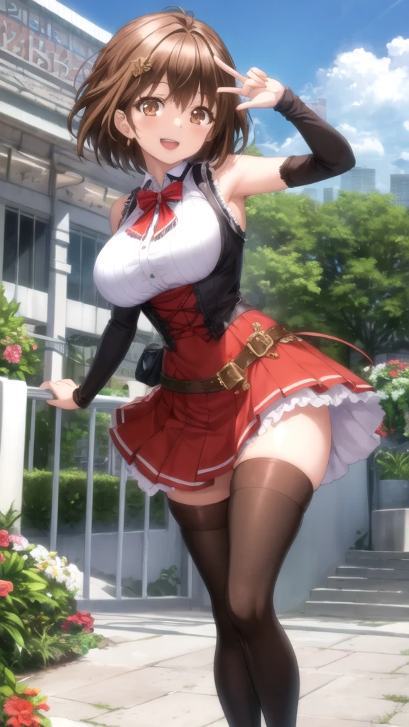 (masterpiece:1.2), (best quality, 8k-resolution, ultra-detailed),High-definition,one timid girl,surprised face,eyes wide open,blushing,sweaty,mouth is wide open as if to scream,bend forward,inner thigh,gust of wind blows the skirt,hold mini skirt with both hands,can see panties,park,beautiful flowers are blooming,sunlight