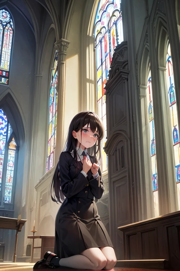，巨作, Best quality，8K, ultra-high-resolution，（Medium view）In an old church，Sunlight enters the church through stained glass windows，Sprinkle on the sad face of the protagonist，It reflects the tranquil atmosphere that permeates the church。The protagonist closes his eyes，Tears lingered，Expresses his heartbroken emotions。