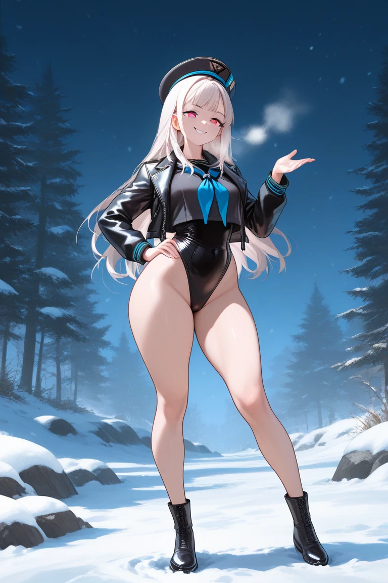 ultra-detailed, Explicit, Beautiful body, Beautiful Nose, Beautiful character design, perfect eyes, perfect face, ultra highres, 4K, beautiful legs, perfect legs, Nice hands, Perfect hand, Masterpiece, Best Quality, Highly detailed, illustration, absurdres, street fighter, doll suit, shadaloo doll, dollsuit, expressionless, blank eyes, looking at viewer, red gloves, emotionless, black latex, corrution, mind control, female combatant, full body, hypnotized, unhappy trance, full body suit, ribbed bodysuit, both arms at side, obey, perfect female body, extremely glossy latex, hypnosis, hypnoLora, empty eyes, Mind control device, poses, submissive_pose, Slave, hat, necktie, stand up straight, standing, standing at attention, hat, necktie, belt, latex, ribbed bodysuit, thighhighs, garter belt, Fighting Stance, extending the right arm from the shoulder into the air with a straightened hand, nazi saluting, military, military saluting, salute, thigh boots, 1girl, Vampire, red eyes, grey hair, pale skin, long hair, Sophie Twilight